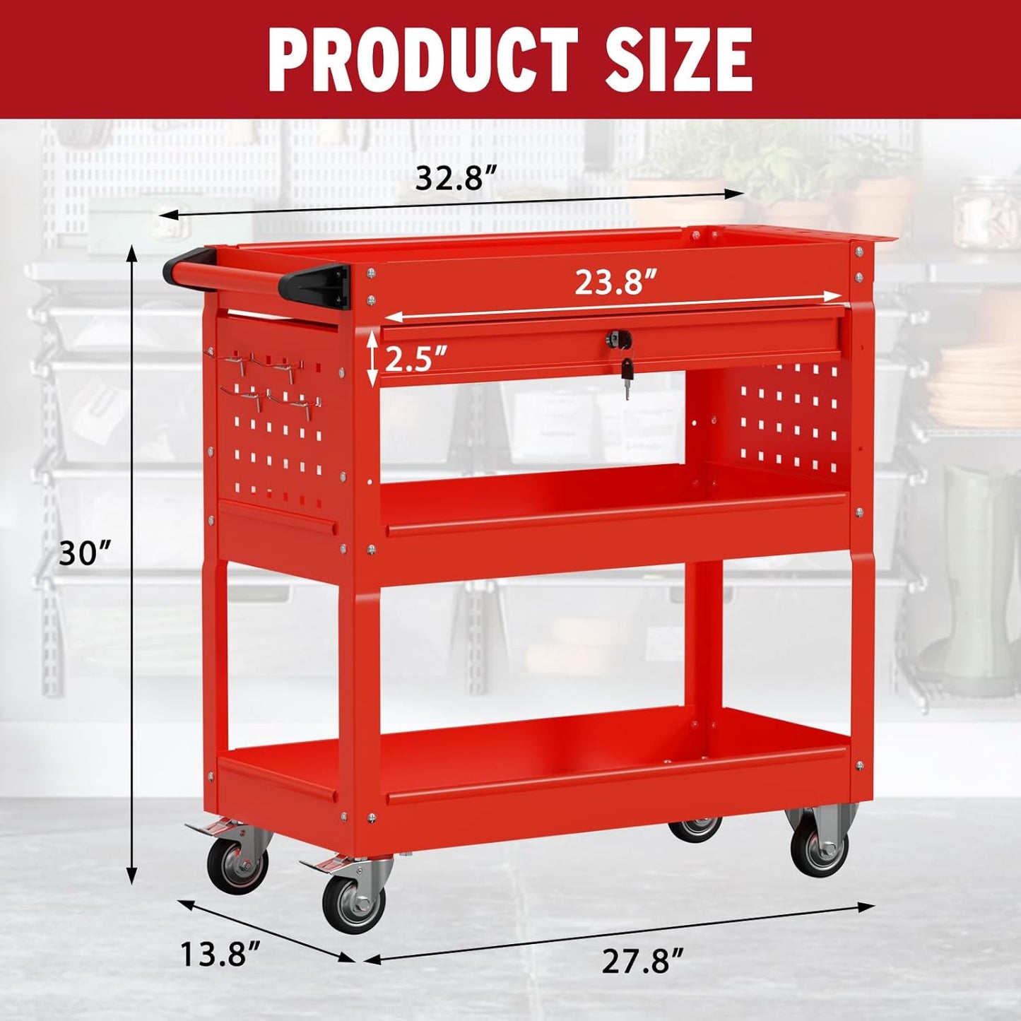 3 Tier Rolling Cart, Heavy Duty Utility Industrial Service Carts on Wheels, Metal Tool Cart with Locked Drawers, Ideal for Garage, Warehouse and Repair Shop（Red）