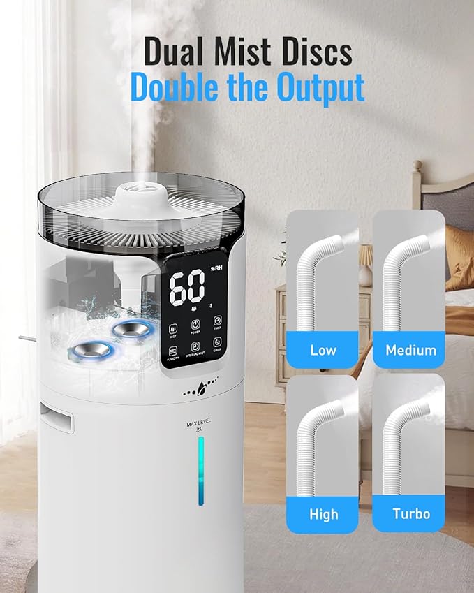 Humidifier large room 16L/4.2Gal - Lacidoll Whole house Humidifier for Home1500 sq.ft. Ultrasonic Cool Mist Humidifiers for Bedroom with Extension Tube & Aroma Box & Night light, White