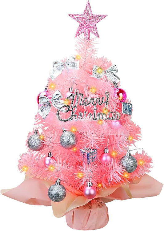 Small Mini Christmas Tree Pink with 50 LED Lghts 24 Inch /2FT Tabletop Artificial Christmas Tree Decorated Gift Boxes and Hanging Ornaments for DIY Christmas Decoration