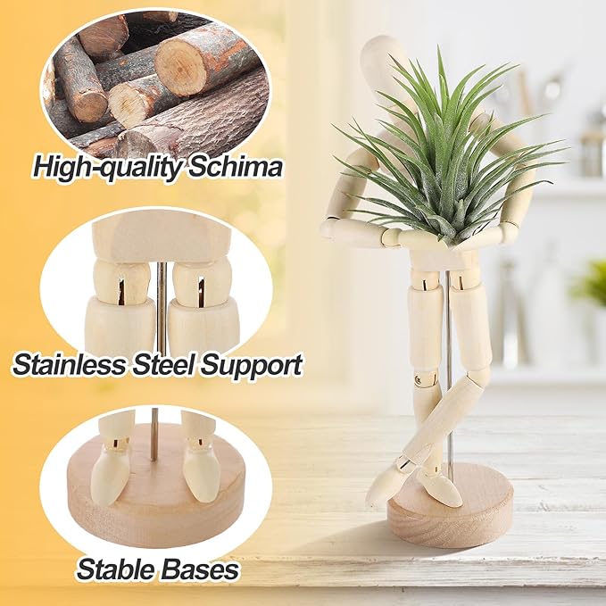 ANPHSIN 2 Sizes Wooden Air Plant Holder - Unique Jointed Mannequin Airplant Stand with Adjustable Poses, Tillandsia Display Container for Gifts Home Office Decoration, 2 pcs