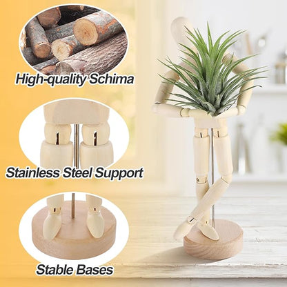 ANPHSIN 2 Sizes Wooden Air Plant Holder - Unique Jointed Mannequin Airplant Stand with Adjustable Poses, Tillandsia Display Container for Gifts Home Office Decoration, 2 pcs