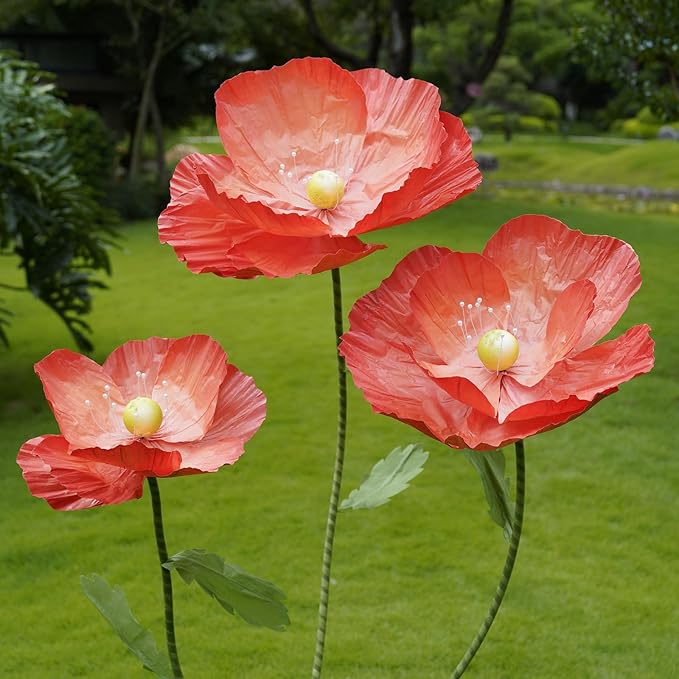 Giant Flowers for Decoration,Large Paper Flowers with Standing Stems and Base,3 pcs Artificial Flowers for Home Decor, Wedding Decorate, Photography Props, Party Banquet (Orange)