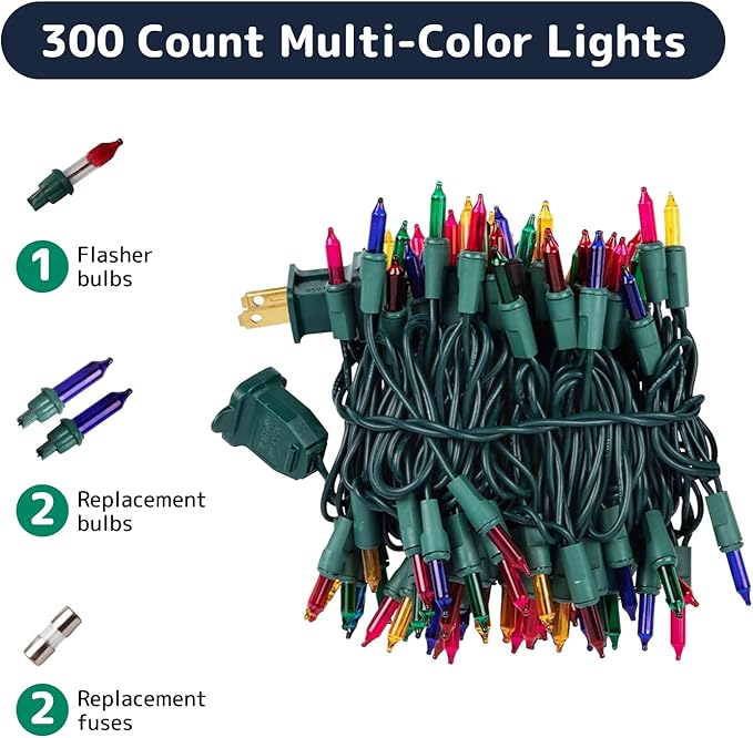 PREXTEX Multicolored Christmas Lights with Green Wire, 60 Feet, 300 Light, Twinkling Lights Indoor or Outdoor, String Twinkle Lighting for Christmas Tree Decorations
