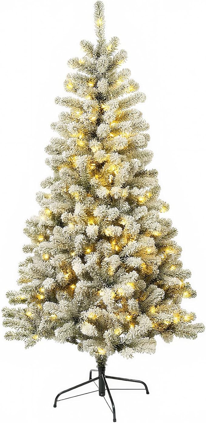 6FT Pre-Lit Snow Flocked Christmas Tree with 300 Warm White LED Lights, 575 PVC Branch Tips, Fake Xmas Snowy Trees,Pre-Hinged & Foldable Base for for Indoor, Office, Party, Holiday Décor