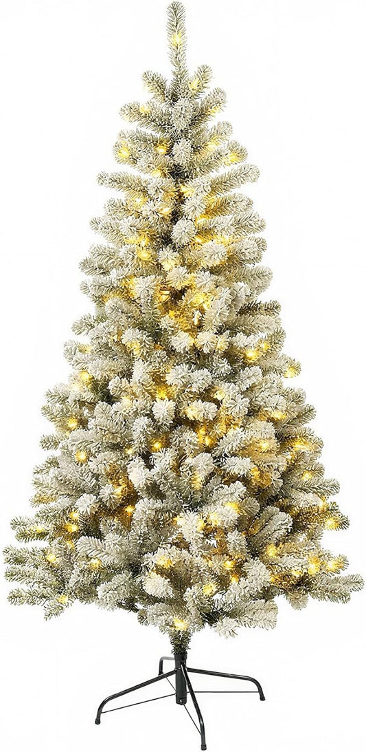 6FT Pre-Lit Snow Flocked Christmas Tree with 300 Warm White LED Lights, 575 PVC Branch Tips, Fake Xmas Snowy Trees,Pre-Hinged & Foldable Base for for Indoor, Office, Party, Holiday Décor
