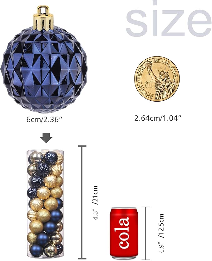 45Pcs 6cm/2.36inch Christmas Balls Glitter Ornaments Set, Shatterproof Plastic Xmas Tree Hanging Ornament, Christmas Decorations Balls for Holiday Festival Wedding House Bar Party(Navy/Gold)