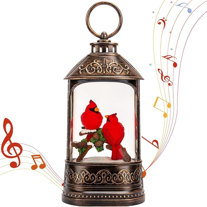Cardinal Christmas Snow Globe Lantern, Glitter Lighted Cardinal Snow Globe with Music,Musical Christmas Decorations USB and Battery Operated, Cardinal Decor Cardinal Gifts