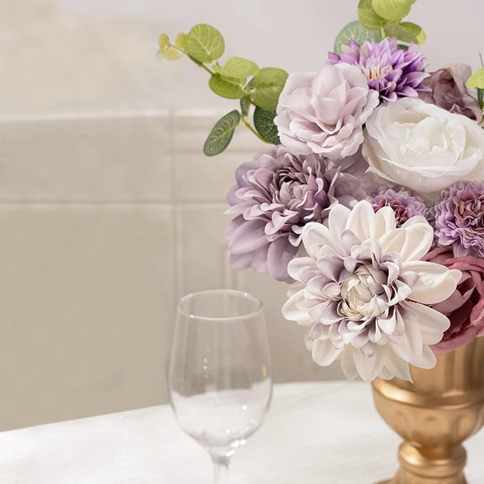 30 Pcs Artificial Flowers Combo Purple Flowers Mix Silk Flowers Dahlia Roses with Stems for DIY Wedding Bridal Bouquets, Baby Shower, Floral Arrangement, Table Centerpieces, Home Decorations