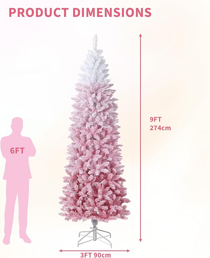 GAOMON 9Ft Snow Flocked Pencil Christmas Tree, Slim Artificial Christmas Tree with Sturdy Metal Stand, Skinny Xmas Tree Holiday Decoration for Home, Office, Pink Gradient