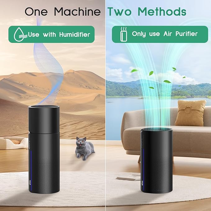 Afloia Air Purifier with Humidifier Combo, 2 in 1 3-Stage Filters for Bedroom Pets Hair Smoker Odors, Evaporative Humidifier, Auto Shut Off, Quiet Air Cleaner with Seven Color Light, Black