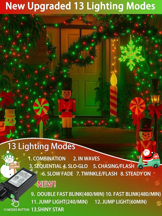 2 Pack Christmas String Lights Indoor Outdoor, Super Bright 66FT 200 LED String Lights Waterproof, 13 Modes Twinkle Xmas Lights with Timer for Christmas Tree Decorations (Red and Green)