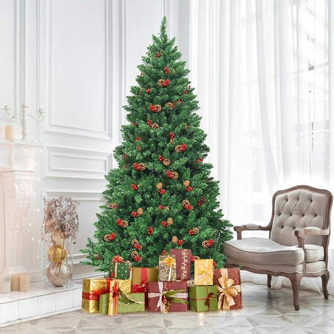 Happygrill 6.5FT Pre-Lit Christmas Tree with Sturdy Metal Stand Artificial Xmas Tree with Pine Cones and Red Berries