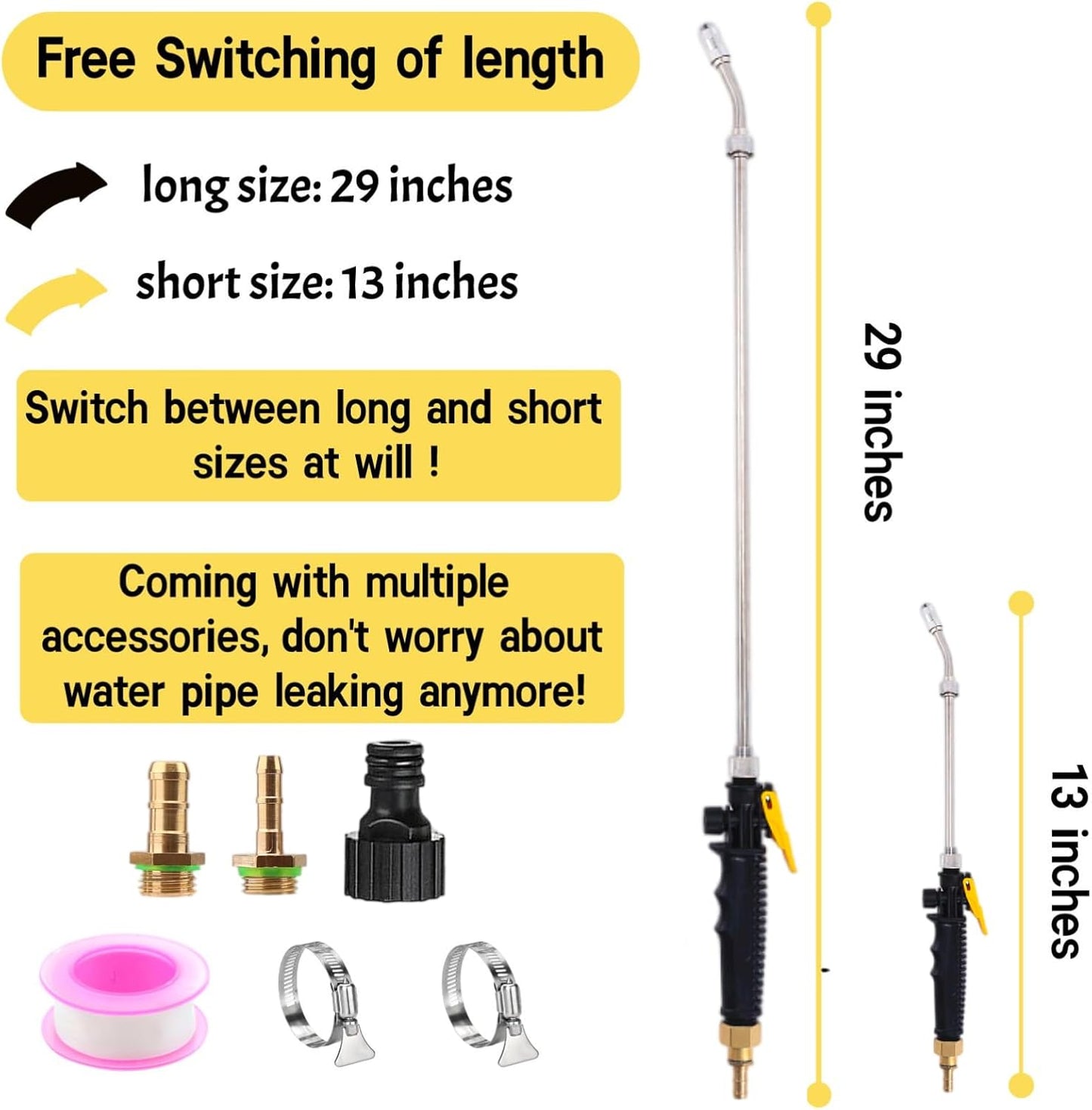 29'' Sprayer Wand Replacement, 1/4" & 3/8" Brass Barb Universal Stainless Sprayer Wand with Shut off Valve, Adjustable Watering Wand with 2 Hose Clamps & 1 Tape