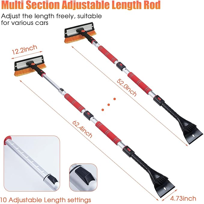 FOVAL 62.4" Extendable Ice Scraper Snow Brush with Squeegee for Windshield Window Car Trucks SUVs, 270° Pivoting Brush Head, Essential Winter Tool Ice Snow Remover with Comfortable Foam Grip