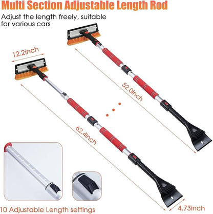 FOVAL 62.4" Extendable Ice Scraper Snow Brush with Squeegee for Windshield Window Car Trucks SUVs, 270° Pivoting Brush Head, Essential Winter Tool Ice Snow Remover with Comfortable Foam Grip