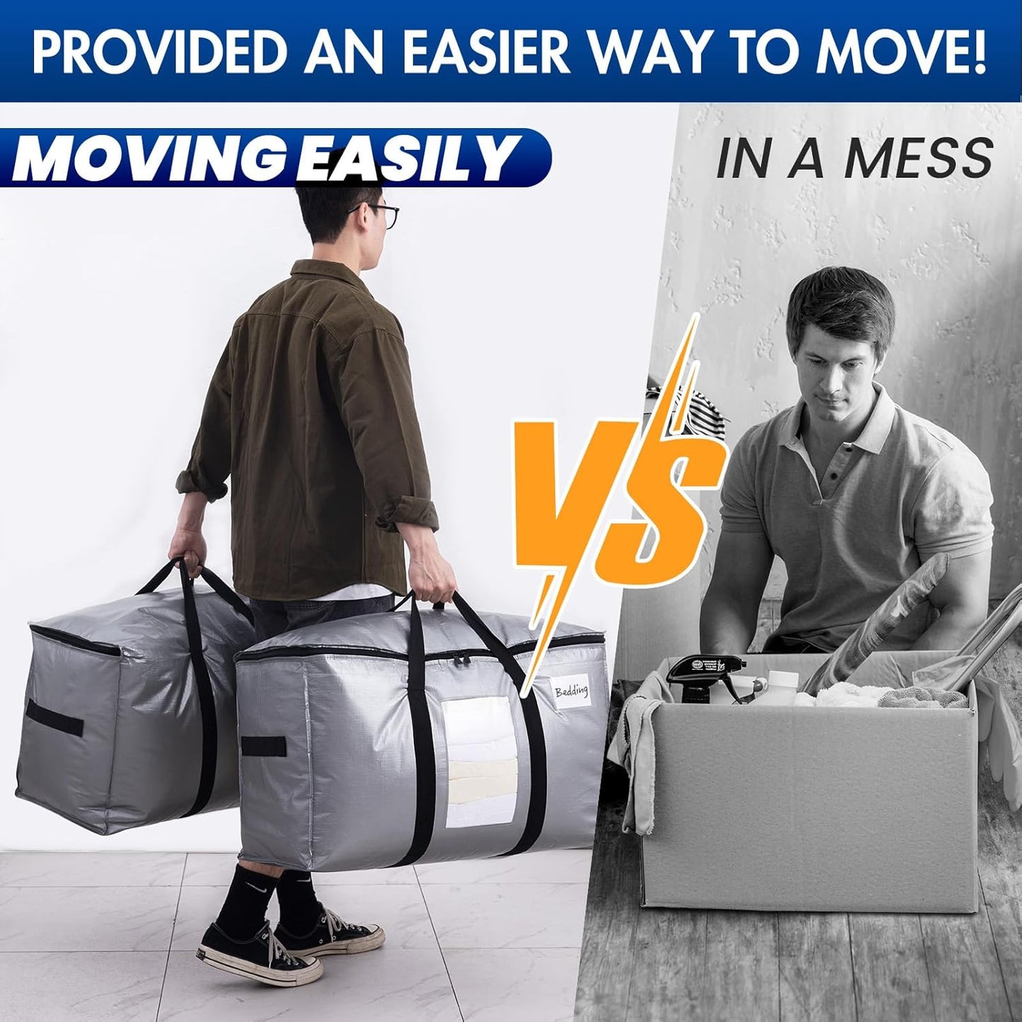 TAILI Extra Large Moving Bags, 8 Pack Silver Heavy Duty Totes For Storage with Visible Window, Wrap Around Handles, Storage Bags for Space Saving, Alternative to Moving Boxes