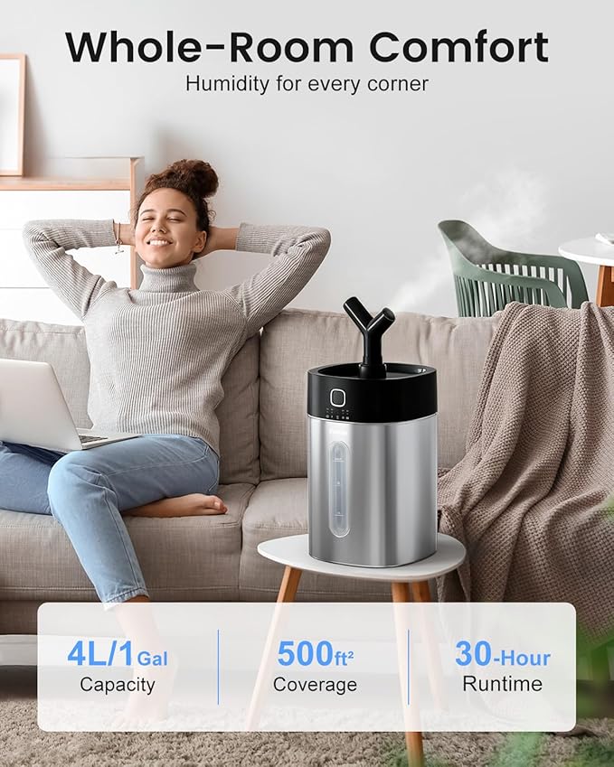 Feekaa Stainless Steel Humidifier Dishwasher Safe, 4L/1Gal Cool Mist Humidifiers for Bedroom, Easy Clean Humidifier Large Room, Humidifiers for Baby Nursery Living Room Office Plant, Black