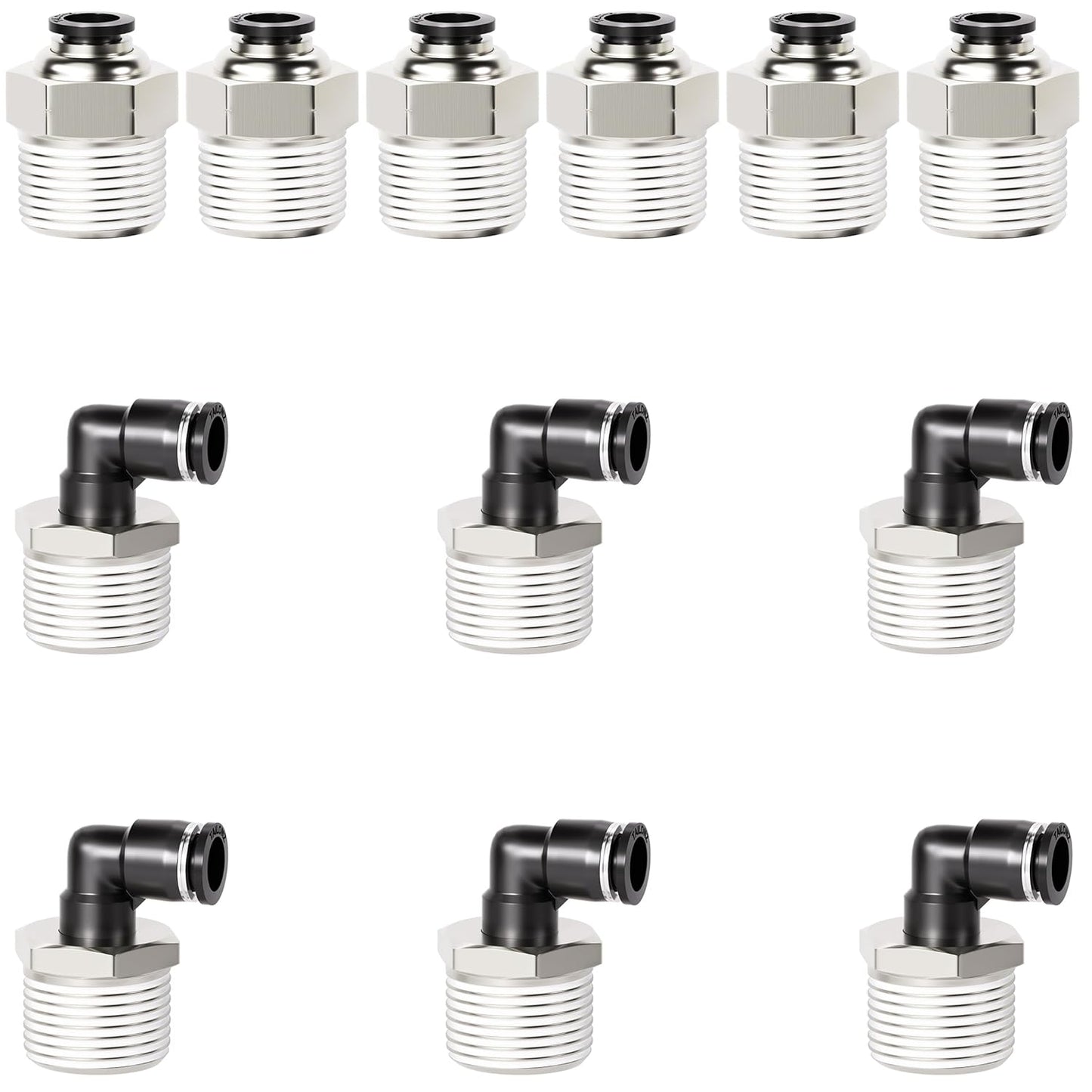 TAILONZ PNEUMATIC Elbow and Straight Combination 1/4 Inch Tube OD x 1/2 Inch NPT Thread Push to Connect Fittings PC-1/4-N4+PL-1/4-N4(Pack of 12)