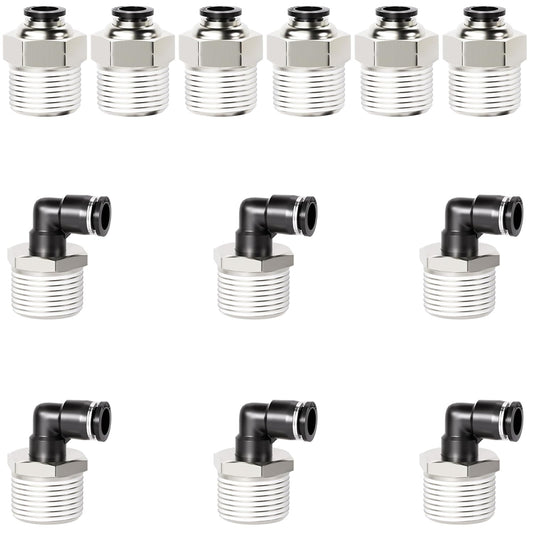 TAILONZ PNEUMATIC Elbow and Straight Combination 1/4 Inch Tube OD x 1/2 Inch NPT Thread Push to Connect Fittings PC-1/4-N4+PL-1/4-N4(Pack of 12)