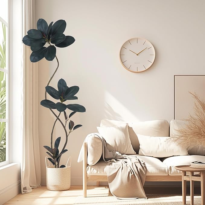 Artificial Rubber Tree Plant, 72 Inch Indoor Tree, Black with Round Planter, All Season Home Decor (Black, 6ft)