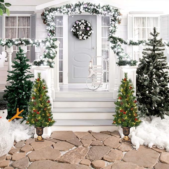 GOFLAME 3ft Prelit Pathway Christmas Tree with 40 LED Lights, Artificial Christmas Tree with Metal Stand, 100 Branch Tips, Pine Cones and Red Berries, Entrance Tree for Indoor and Outdoor Decoration