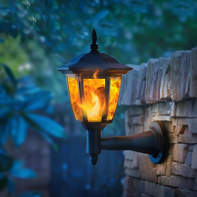 Dynaming 2 Pack Solar Flame Wall Lanterns Outdoor, Solar Powered Wall Mounted Sconce Lights, Flickering Flame LED Lights Auto On/Off Wall Hanging Lights, Waterproof for Garage Stair Patio Porch Yard