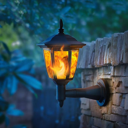 Dynaming 2 Pack Solar Flame Wall Lanterns Outdoor, Solar Powered Wall Mounted Sconce Lights, Flickering Flame LED Lights Auto On/Off Wall Hanging Lights, Waterproof for Garage Stair Patio Porch Yard