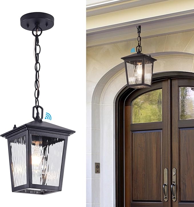 Outdoor Pendant Light, Black Outdoor Porch Light fixtures with Dusk to Dawn Sensor, Exterior Hanging Lantern Height Adjustable Outside Chandelier with Water Glass for House Patio Garage