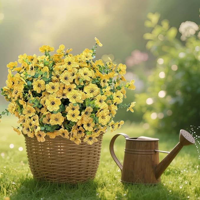 Artificial Flowers for Outdoor UV Resistant Fake Plants, 12 Bundles Fake Mums Silk Daisy in Pots for Porch Patio Garden, Faux Potted Home Decor for Outside (Yellow)