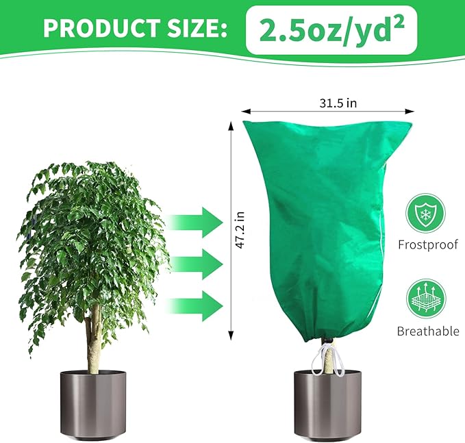 Phopich 4 Pack Plant Covers Freeze Protection, 32''W x 48''H 2.5oz/yd² Winter Tree Frost Blankets Frost Cloths Protectors Bag Cover with Zipper Drawstring for Outdoor Plants Shrub Fruit Trees Potted