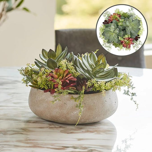Round Faux Succulent Arrangement, 14" Premium Artificial Indoor Plant Enhances Interior Design, Display on Any Surface in Your Home Adding an Inviting Touch of Nature, Natural Planter Pot Included