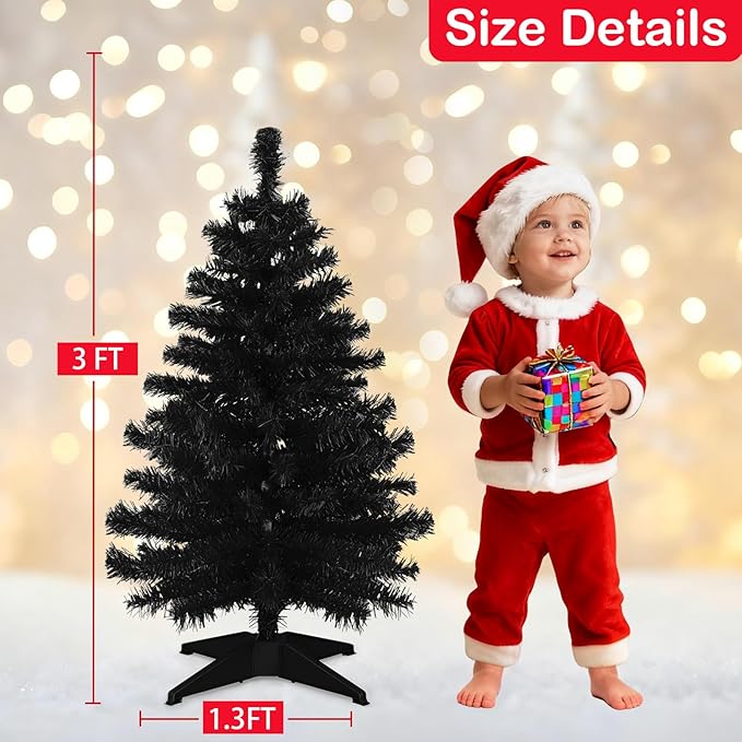 3 Ft Artificial Christmas Tree for Tabletop, Mini Xmas Tree with Plastic Stand for Indoor Outdoor Holiday Home Party Christmas Decorations Black