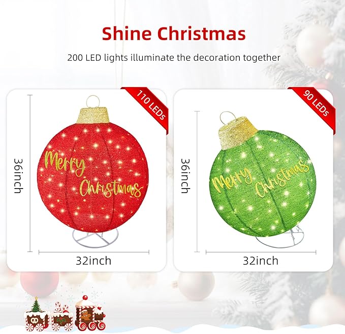HOYECHI 2pc Lighted Pop-Up Outdoor Christmas Ornament Set – Holiday Ball Decorations with 200 LED Lights, 8 Lighting Modes, for Yard & Outdoor Christmas Decor - Red/Green