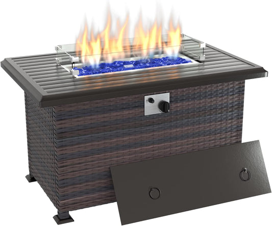 Kurapika Propane Fire Pit Table 43 Inch 55,000 BTU Auto-Ignition, CSA Certification Outdoor Rattan Gas Fire Pits with Slide Out Tank Holder, Outdoor Fire Tables Wider Desktop, Windshield and Lid