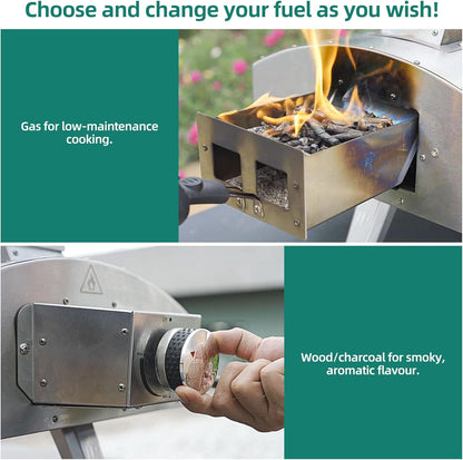 YTIAHOME Multi-Fuel Outdoor Pizza Oven with Rotating, 12" Wood and Gas Fired Pizza Oven with Built-in Thermometer, Dual Fuel Pizza Maker with Peel, Stone, Carry Cover, Recipes for Backyard Camp