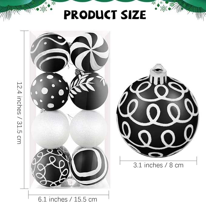 MCEAST 16 Pieces 3.15 Inches Christmas Balls Christmas Tree Pendants Shatterproof Decorative Baubles Balls for Christmas Tree Decoration, Black, White
