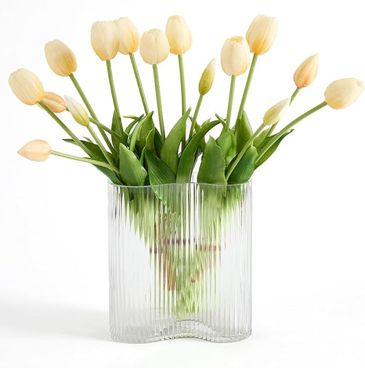 15 pcs Cream Tulips Artificial Flowers Faux Tulips Real Touch Latex Fake Flower Bouquet for Spring Wedding Home Décor Centerpiece Arrangements