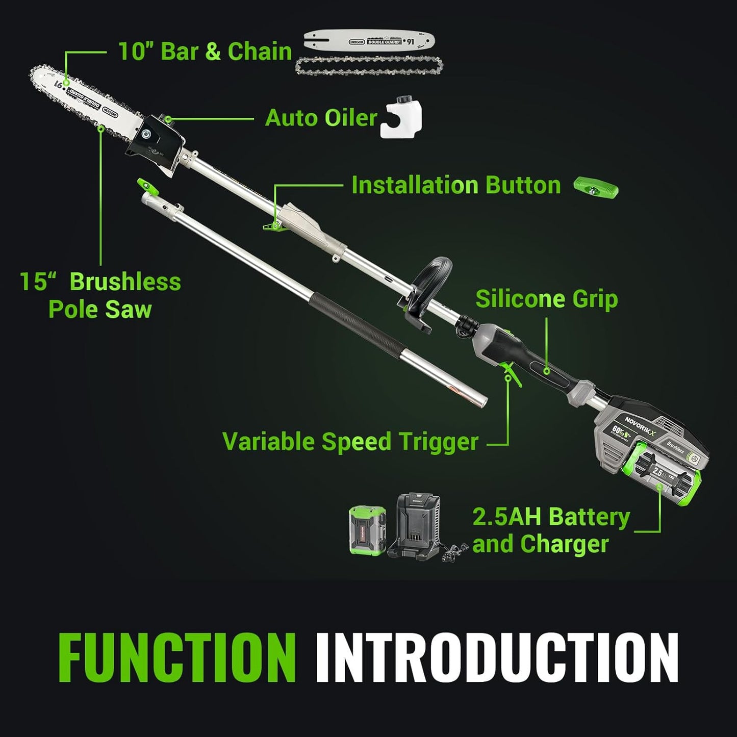 15-FT Cordless Pole Saw 60V Electric Power PoleSaw for Tree Trimming With Pole 10" Cutting Power Max Reach 2.5AH Battery