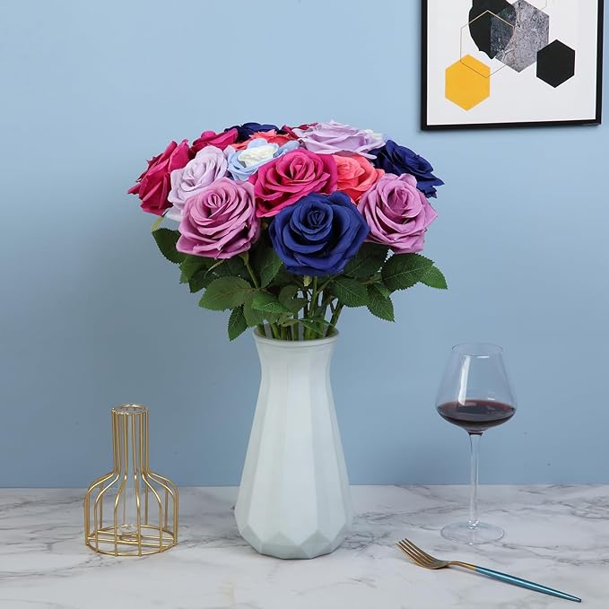 15pcs Fake Roses Artificial Silk Flowers Faux Rose Flower Long Stems Bouquet for Arrangement Wedding Centerpiece Party Home Kitchen Decor