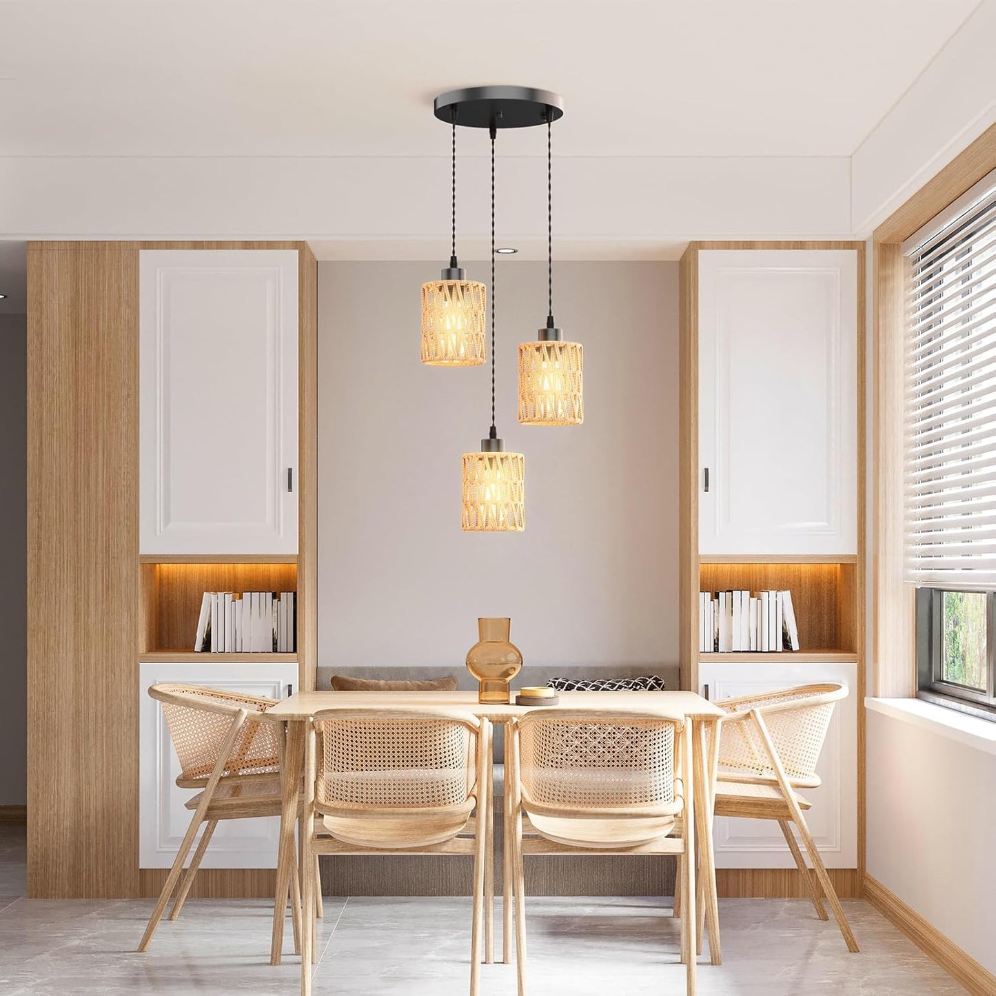 3 in 1 Farmhouse Hemp Rope Pendant Light - Rustic Hand-Woven Rattan Hanging Light Fixture for Kitchen Island,Dining Room,Bedroom- Wicker Cage Chandelier-Coastal/Nautical/Boho Style Lighting Fixture