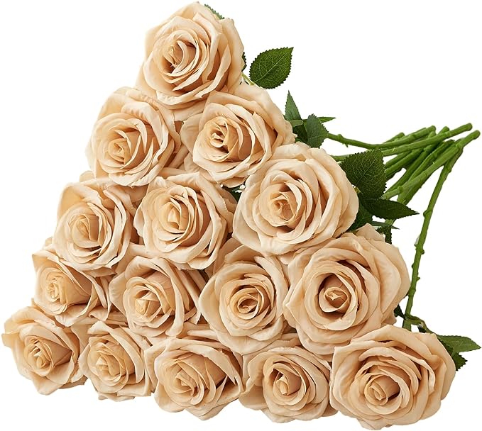 15pcs Fake Roses Artificial Silk Flowers Faux Rose Flower Long Stems Bouquet for Arrangement Wedding Centerpiece Party Home Kitchen Decor