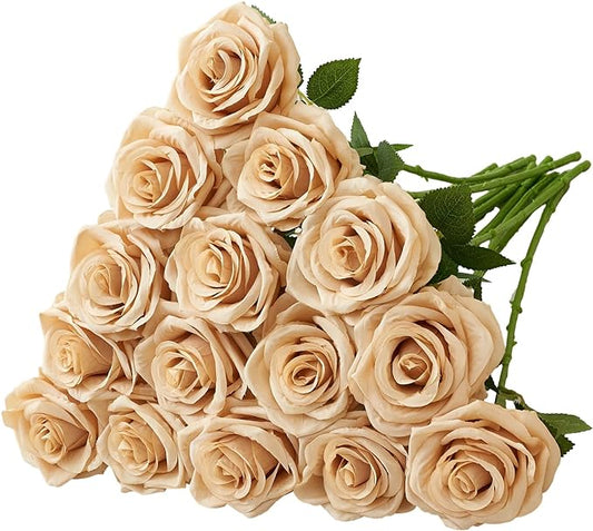 15pcs Fake Roses Artificial Silk Flowers Faux Rose Flower Long Stems Bouquet for Arrangement Wedding Centerpiece Party Home Kitchen Decor