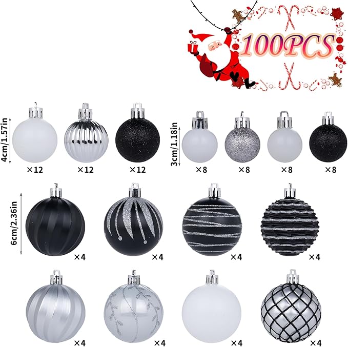 100PCS Black and Silver Christmas Ornaments Set, Shatterproof Christmas Ball Ornaments Bulk, Assorted Decorations Baubles Hanging Ornaments for Christmas Trees Holiday Party Decor (Black Silver)