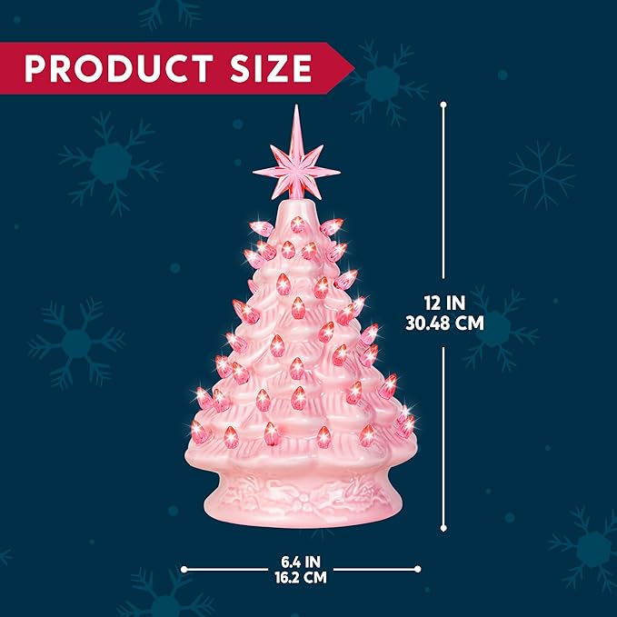 Joiedomi 12" Pink Ceramic Christmas Tree, Prelit Tabletop Christmas Tree Decoration with Extra Pink Top Star & Bulbs with LED Lights for Best Desk Decoration Xmas Tabletop Decor Indoor Home