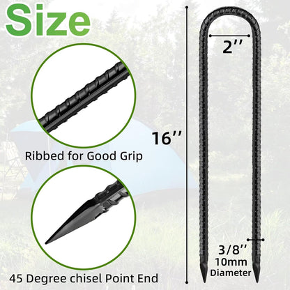Black Trampoline Stakes Anchors High Wind 16inx10mm Galvanized U Hook 20pcs Rebar Stakes – Heavy Duty Ground Anchors for Trampoline,Yard & Inflatable,Landscape Metal Stakes for Outdoor Decorations