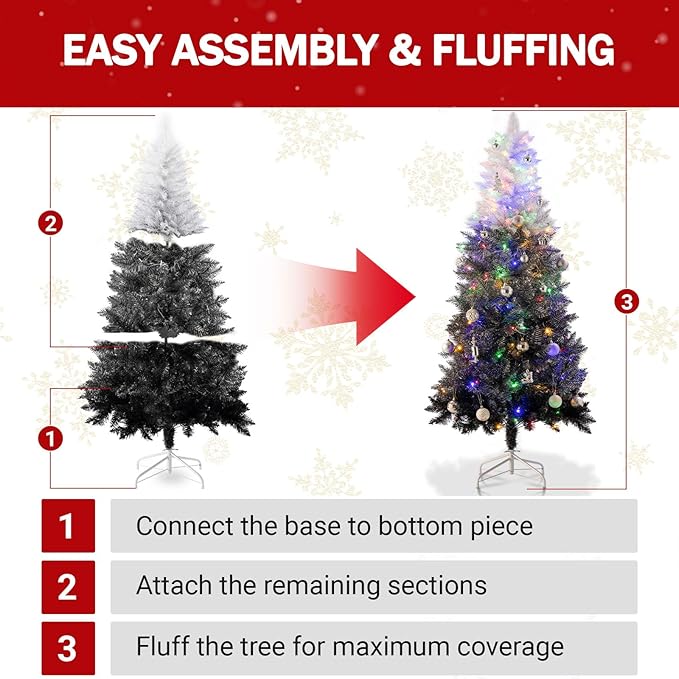 6ft Prelit Black Gradient Artificial Christmas Tree with 150 Multi-Color LED, 4 Color 8 Mode, Flocked Hinged Xmas Tree with 1000 Realistic Branch, Easy Assembly for Home Holiday Decoration