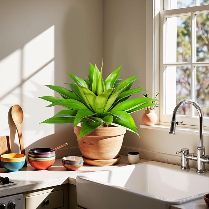 Artificial Agave Plant 25.6'' Fake Agave Plant Artificial Plants Outdoor Uv Resistant Artificial Fake Plants Suitable for Indoor Home Decor Outdoor Courtyard Balcony Terrace Decor 1Pcs (Green)