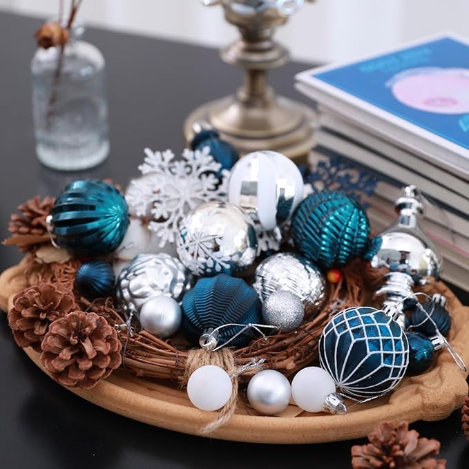 Christmas Tree Ornaments Decorations Set-116ct 1.18-6.5 Inch Assorted Silver Blue Shatterproof Decorative Hanging Christmas Ball Ornaments Bulk,Xmas Tree Tabletop Decorations for Holiday Decor
