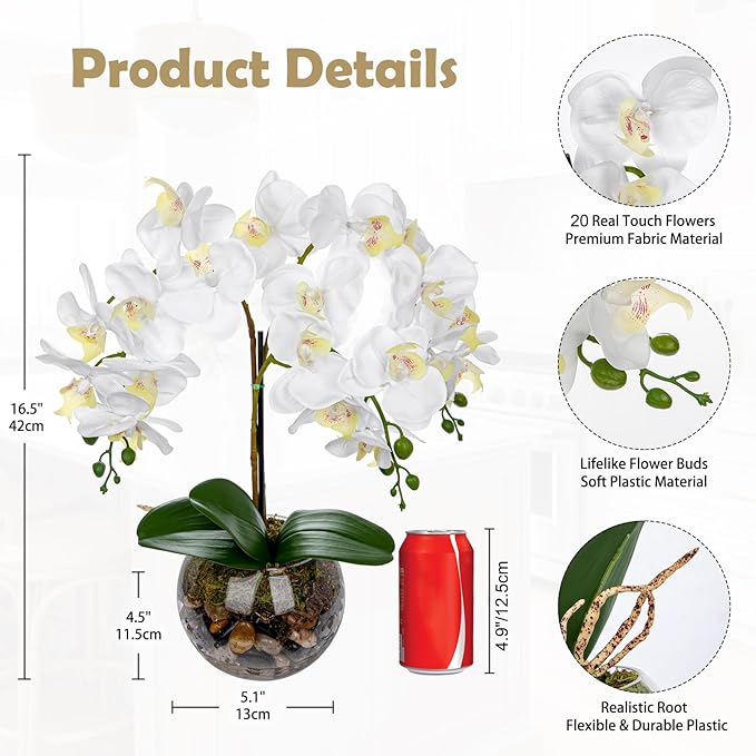 White Orchids Artificial Flowers 16.5" Faux Orchids Plant in Pot Fake Flower Arrangements with Glass Vases White Centerpieces for Kitchen Dining Room Tables Bathroom Nightstand Shelf Desk Decor