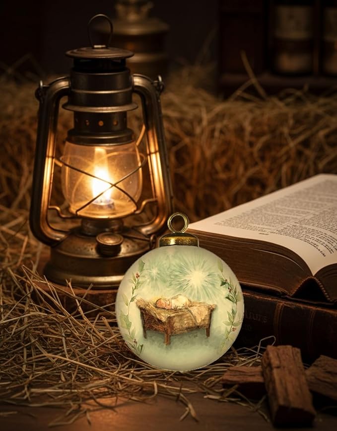 Baby Jesus Nativity Ornament – “O Holy Night” – Hand-Painted Glass Christmas Ornament with Gift Box – Christian Religious Holiday Décor